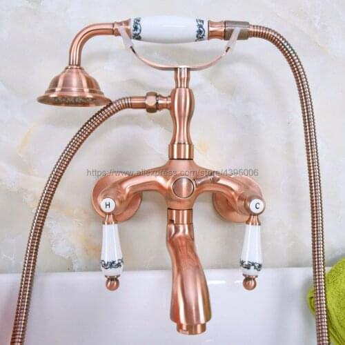 Antique Red Copper Wall Mounted Bathtub Shower Faucet Telephone Style Tub Mixer Taps With Handshower Bna312