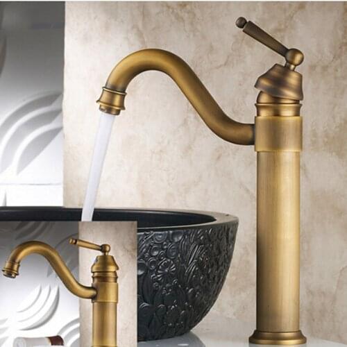 Vintage Style Antique Basin Sink Faucet Brass Bathroom Mixer Wash Basin Taps SingleHandle 360 Degree Swivel Spout Deck Mounted