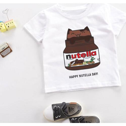 Harajuku Design Girls Clothes Prints Fun Chocolate Sauce Boys Tshirts Fashion Kids Tops Round Neck Casual White Childrens Shirts