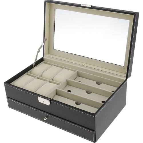 Double Layer Glasses Watch Jewelry Storage&Display Case PU Leahter Box with Transparent Glass on Top 33 x 20 x 13cm 16 Grids