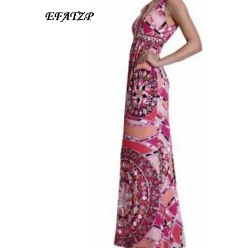 [EFATZP] Luxurious Ltalian Brands Womens Bohemia V Neck Geometric Print Sheath Jersey Silk Maxi Long Dress XXL