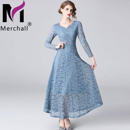 Elegant Lace Hollow Out Long Maxi Dress Office Lady Square Collar Long Sleeve A Line Party Dress 2021 Autumn Spring Robe S53550