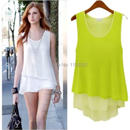 Elegant Women Sexy Sleeveless Chiffon Ruffles Asymmetric Tank Tops Blouses Shirts, 3 Colors Casual Fit Dresses