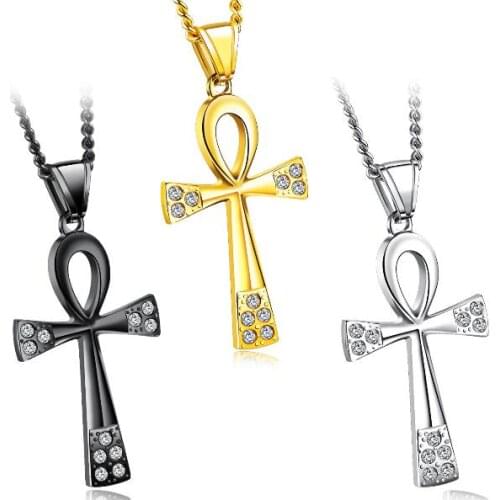 GNAYY gold/black Unisex Women crystals Stainless Steel Necklace 43mm ancient Egypt Cross Pendant Jewelry with chain 24
