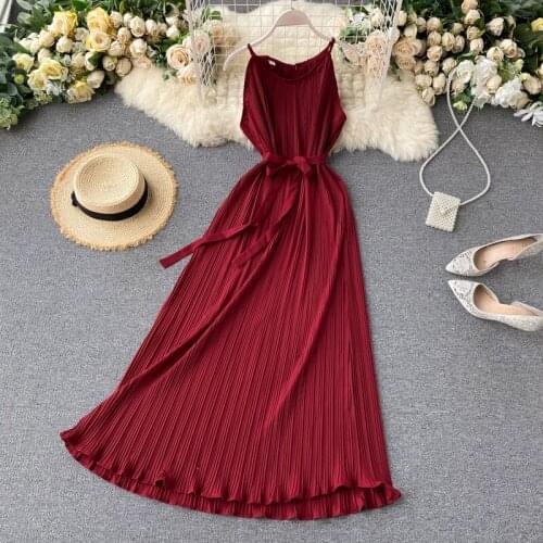 Summer Womens Dress Korean Style Solid Color Strapless Strap Dress New Loose Casual Pleated Female Dresses GX089