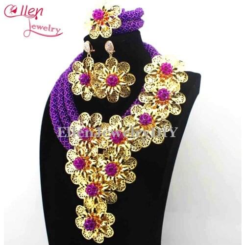 Fashion Luxury African beads jewelry sets india nigerian flower beads beaded wedding bridal necklace dubai jewelry sets E1141