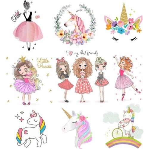 Cartoon Thermal Transfer Stickers Clothes Patches Ironing Unicorn Girls Badge Applications For Clothing Fusible Patch Shirt Iron