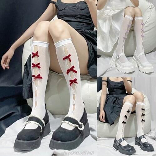 Women Girls Hollow Out Hole Fishnet Calf Long Socks Sweet Multicolor Small Velvet Bowknot Lolita Kawaii J29 21 Dropship