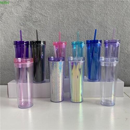Wholesale 16oz 19oz color changing cup double-layer plastic straws with lid milk drink cup acrylic straight cup travel water cup