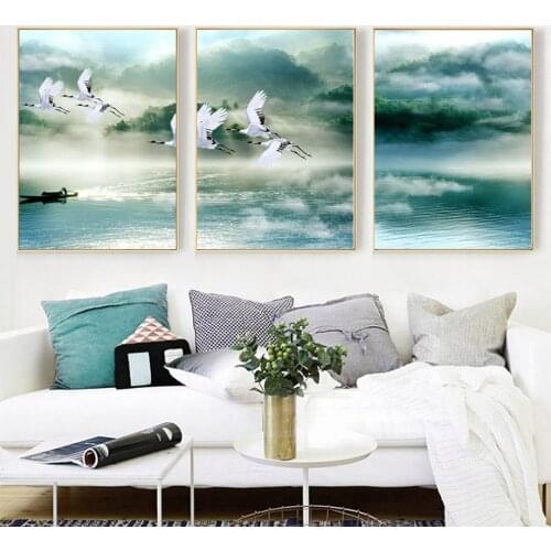 Cloudy Sky Lake Water Boat White Crane Flying Natural Landscape Wall Painting Beautiful Home Decor Modern Canvas Printing Poster