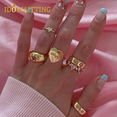 Luxury Fashion Jewelry High Quality Gold Plated Engraved Single Pink Cz Star Signet Iced Out Bling Pinky Dome Ring For Women