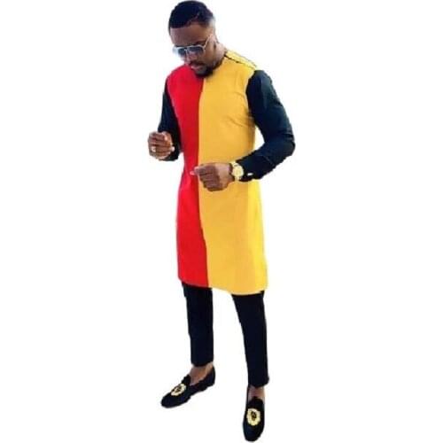 African senator style o-neck shirts with trousers custom made patchwork tops+black pant sets male groom suits Dashiki outfits