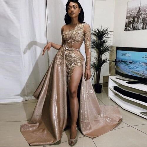 Sexy See Through Prom Dresses South African Lace Appliques Illusion Long Sleeve Evening Gowns Side High Split Robe De Soiree