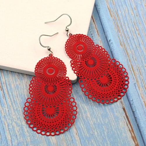 Red Round Earrings Bohemian Openwork Pattern Earrings For Women Big Statement Earrings Bridal Party Jewelry Long Drop Earrings