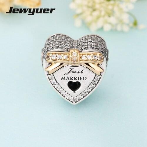 Valentines Day Wedding Heart Charms 925 sterling silver fine jewelry with gold bow fit charm bead bracelet diy For women GD110