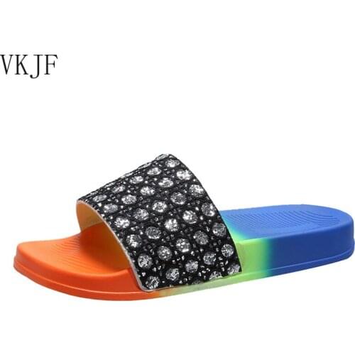 2021 New Summer Slippers Slides Rhinestone Flats Shoes Beach Sandals Flip Flops Fashion Summer Slippers Chausson Shoes Women