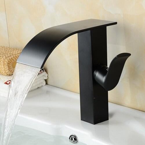 Basin Faucet Hot and Cold Sink Mixer Tap Bathroom Single Handle Waterfall Faucet Solid Brass Square Deck Tap black and Nickel