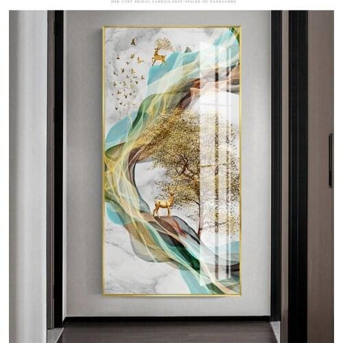 Modern Abstract Chinese golden plutus tree elk deer Wall Art Picture Canvas for porch Living room hanging painting Decoration