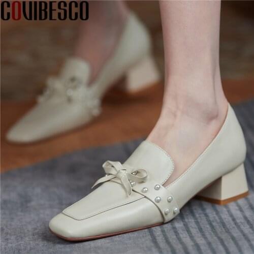 COVIBESCO Women Pumps Spring Summer Butterfly-Knot Genuine Leather Square Toe Thick Heels Shoes Woman Office Lady Basic 2021 New