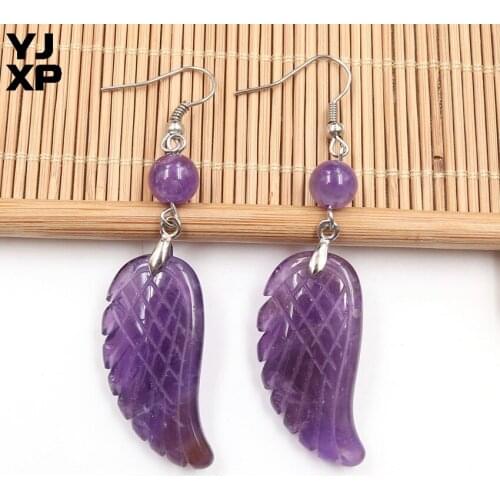 YJXP Natural Stone Drop Earrings Amethysts Rose Pink Quartzs Opal Angel Wings Dangle Earring For Women Fashion Jewelry 1 Pair