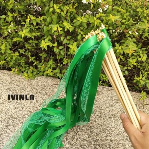 50pcs/lot green Lace wedding wands wedding ribbon stick with bell for wedding decoration