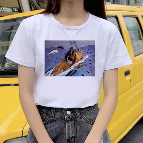 Womens T-shirt Kawaii cat oil painting print T-shirt basic O-neck short-sleeved ladies T-shirt Kawaii Tees Fashion Clothing