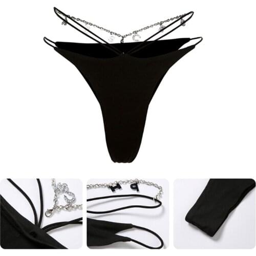 Womens Sexy Low Waist Thong Panties Rhinestone Letters Pendant Chain Strappy Lingerie Briefs Solid Color Temptation T-Back G-Str
