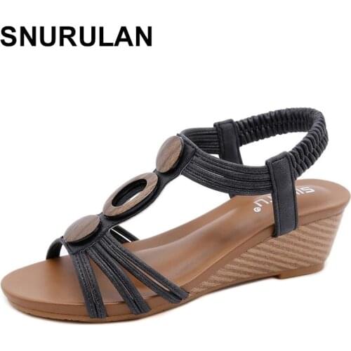 SNURULANWedge heel sandals ladies platform womens shoes 2021 summer casual soft soled shoes large size beaded wood grain Roman