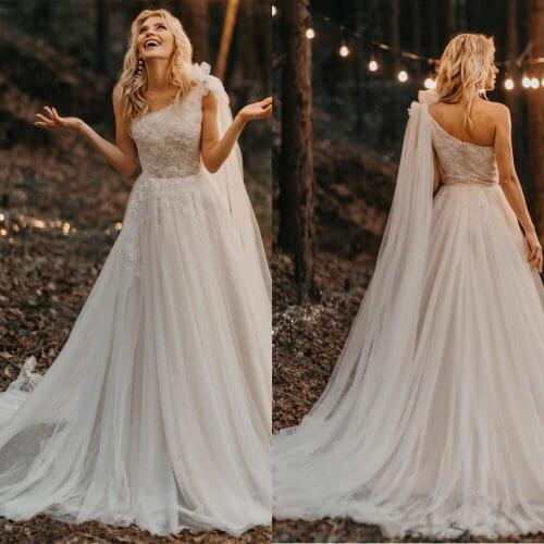 2021 Wedding Dresses One Shoulder Pleated Beading Applique Lace Sweep Train Tulle Bride Gowns Vestido De Novia Свадебное Платье