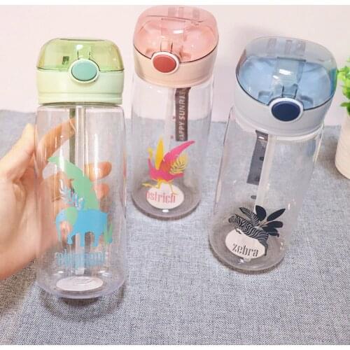 Large Capacity Straw Cup Sports Simple Plastic Cup with Cover Lifting Rope Spring Cover Cartoon Printed Student Water Bottle