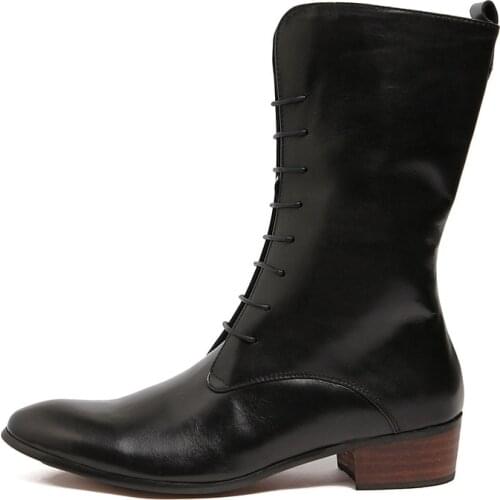 Fashion Lace Up Men Mid-Calf Boots Personality Punk Motor Biker Genuine Leather Shoes Male Large Size Boots Rock Footwear