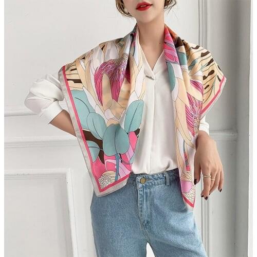 Floral Printed Elegant Women Bandana 90x90cm Square Imitated Silk Scarf Hair Accessories Fashion Shawl
