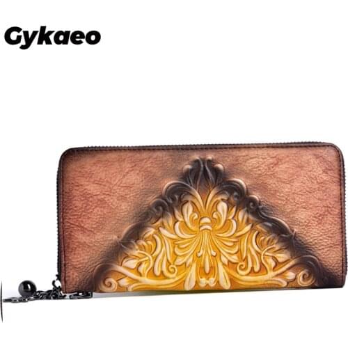 Gykaeo Lady Wallets Retro Embossing Woman Genuine Leather Wallet Women Vintage Floral Clutch Coin Purse Bags Cowhide Card Holder