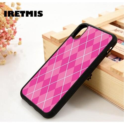 Iretmis 5 5S SE 6 6S TPU Silicone Rubber Phone Case Cover for iPhone 7 8 Plus X Xs 11 12 MINI Pro Max XR Cute Pink Argyle