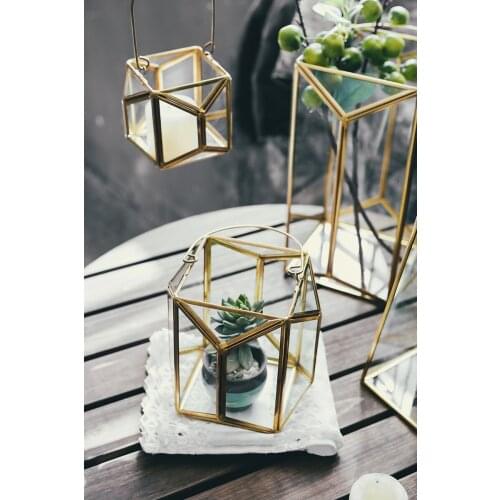 Copper strip retro copper frame geometric trapezoidal glass flower house portable candlestick wedding decoration storage box