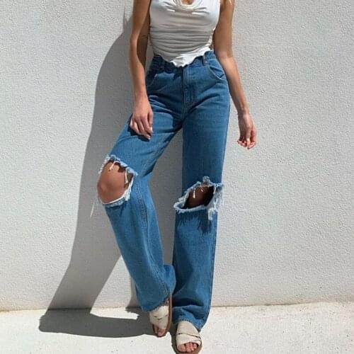 2021 Trendy Blue Ripped Jeans Women Denim Pants High Waist Baggy Hole Wide Leg Pants Casual Straight Trousers Streetwear