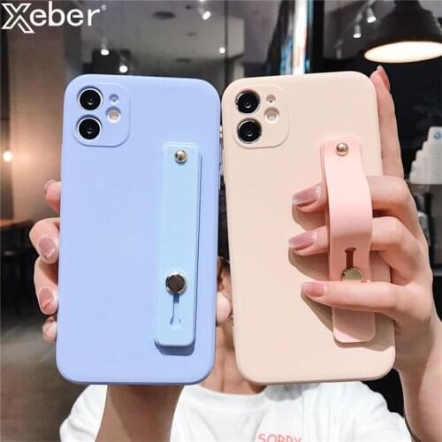 Luxury Liquid Silicone Square Phone CaseFor iPhone 12 Mini 11 Pro XS Max X XR 7 8 Plus SE Wrist Strap Stand Soft Full Back Cover