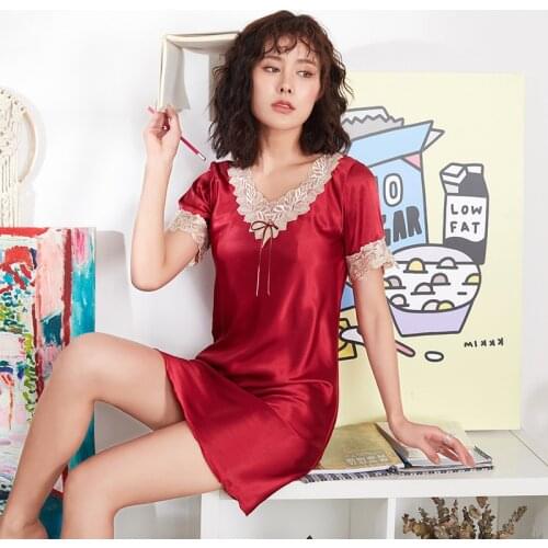 2021 New Summer Womens Nightdress Solid Color Sexy Nightwear Short Sleeve Mini Dress V-neck Lace Nightgown Home Wear Sleepwear