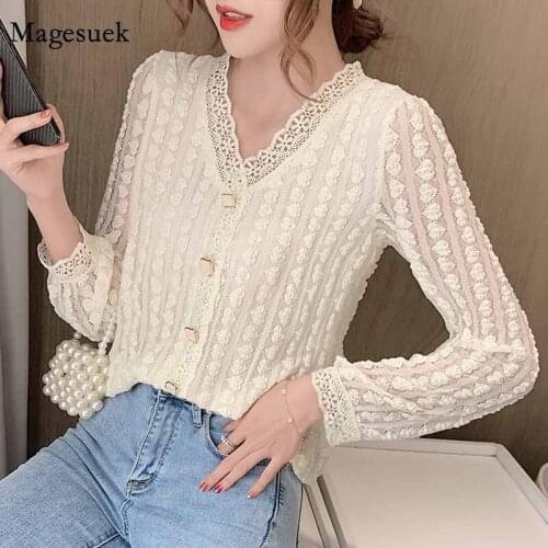 Autumn Button V-neck Womens Shirt Lace Korean Long Sleeve Lace Blouse For Women Office Lady White Tops Female Clothing 12567