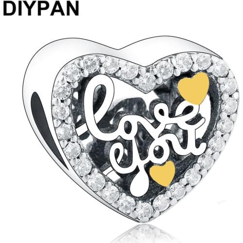 Love You Heart Charms Fit Original Pandora Charms 925 Silver Bracelets Clear CZ Charm Bead For Jewelry Making Women Berloque
