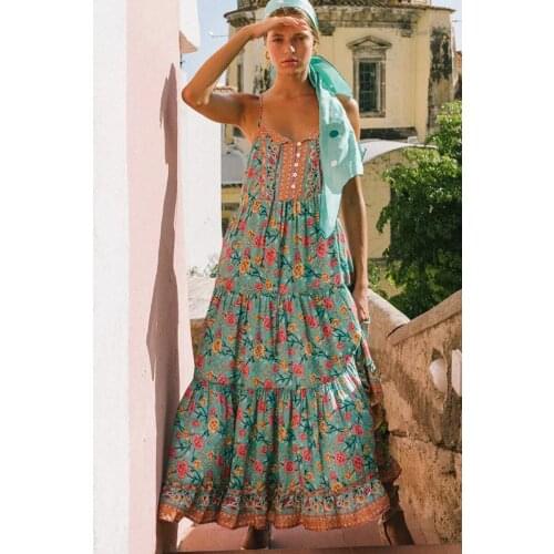 Holiday style floral print suspender long skirt women retro open back lace dress ladies casual loose dress bohemian beach style