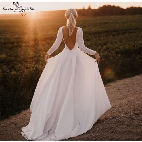 Simple Wedding Dresses for Women Bride Long Sleeve O-Neck Backless Boho Bridal Gowns Plus Size Bohemian Vestidos De Novia