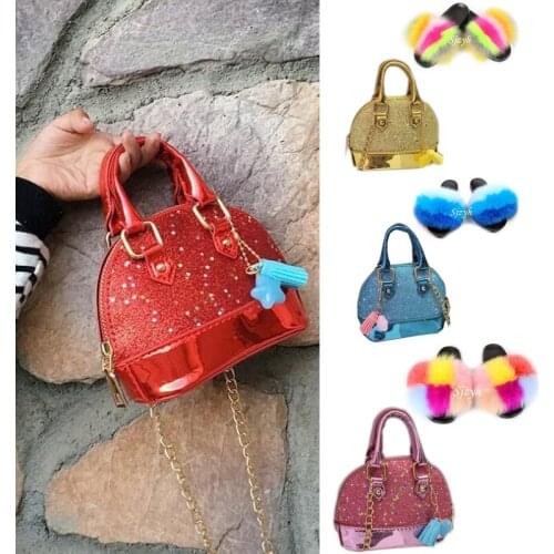 Wholesale Childrens Fox Fur Slippers Girls Cartoon Bling Purse Kids Furry Slides Cute Chain Bag Shoes Sets Women Plush Sandals