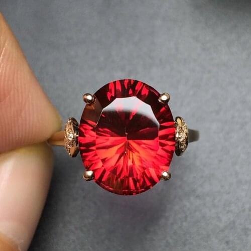 Fine Jewelry Real 18K Rose Gold AU750 Natural red Topaz Gemstone Diamonds Female Anniversary Gift Fine Rings
