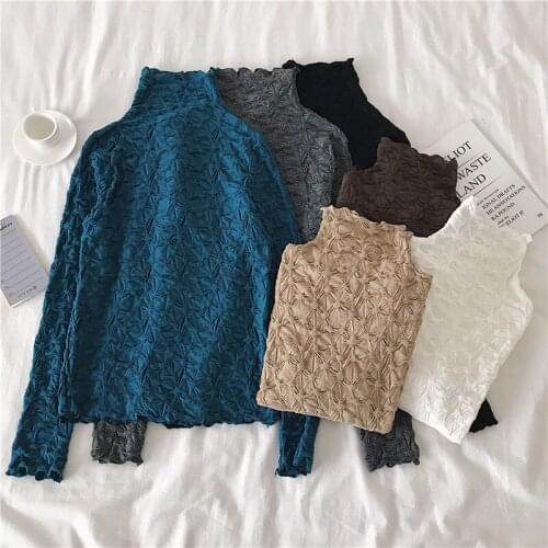 2020 Women Autumn Solid Color Turtleneck Pullover T-shirt Slim Elastic Wrinkle Tshirt Full Sleeve Tops Baisc Undershirt