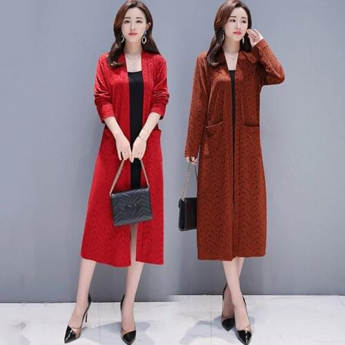 Womens Trench coat spring Chinese style women solid loose plus size long Open Stitch Trench coat long-sleeved jacquard Trench