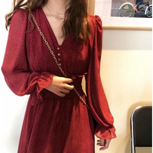 2021 Spring Autumn Floral Printed One Piece Chiffon Dress Women Vintage Slim Fit Lantern Sleeve Korean Style Bottoming Dress