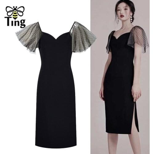 Tingfly Vintage Elegant Sweetheart Neckline Women Summer Black Dress Lady Office Work Dress Knee Length Split Vestidos Large 2XL