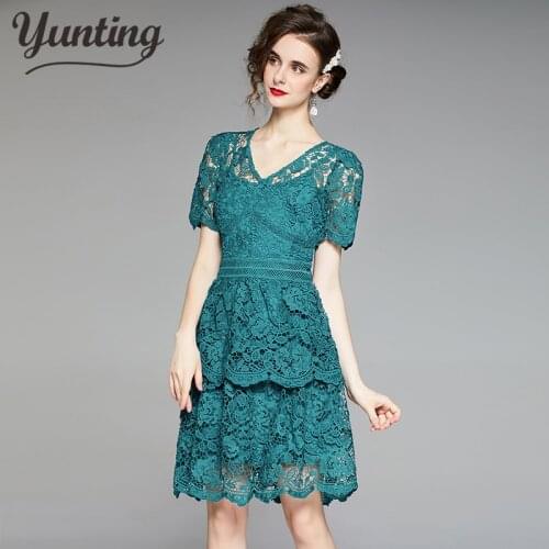 Hight Quality New Fashion Elegant Runway Crochet Lace Dress Womens Short Sleeve V-neck A Line Dress vestidos