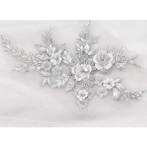 1 Piece 28*16.5cm Fashion Smoke Gray Lace Trim DIY Craft Beading Lace Patch Applique for Wedding Dress Garment Accessories